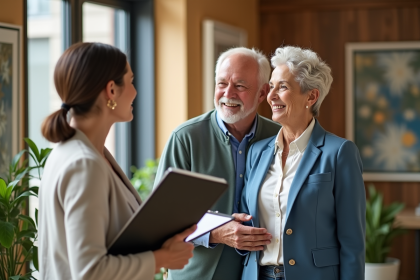 Femme accueillante saluant un couple senior dans une résidence moderne