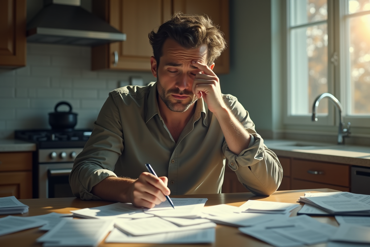 Adulte inquiet à la table avec factures et dossiers dans la cuisine