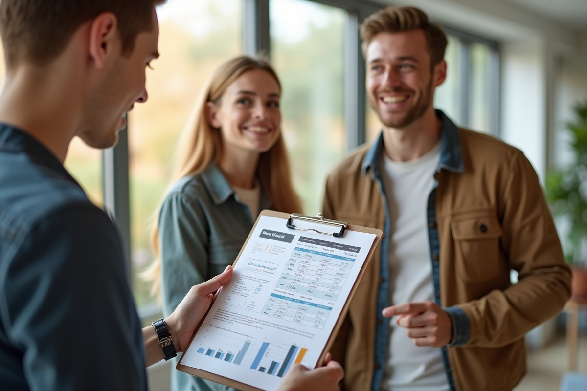 Agent immobilier souriant présentant un calcul de rendement locatif à un couple