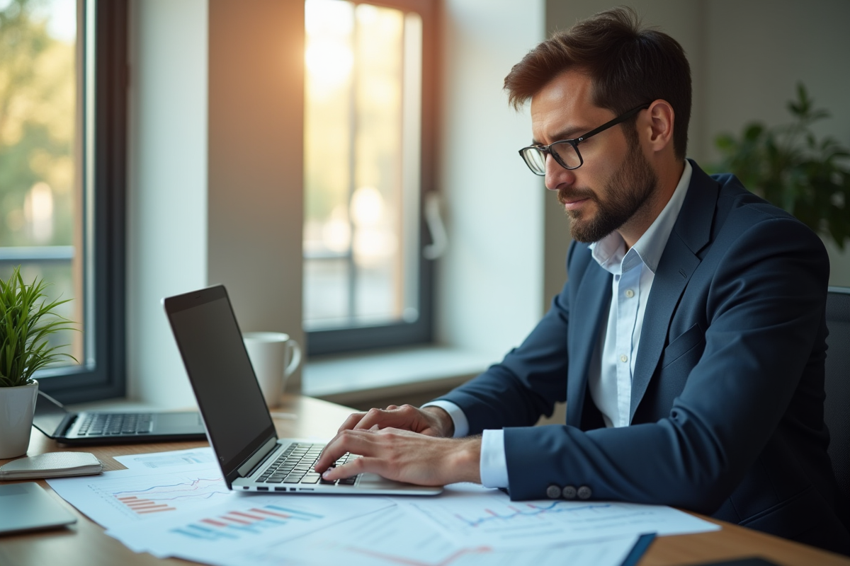 Analyste financier en bureau examinant des graphiques de taux d'intérêt