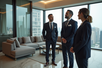 Homme en costume navy montrant un appartement de luxe à une couple