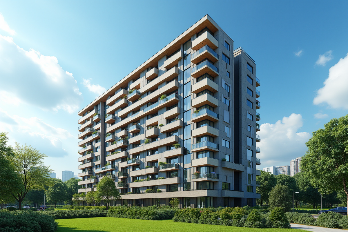 Immeuble contemporain sous ciel bleu avec verdure en avant