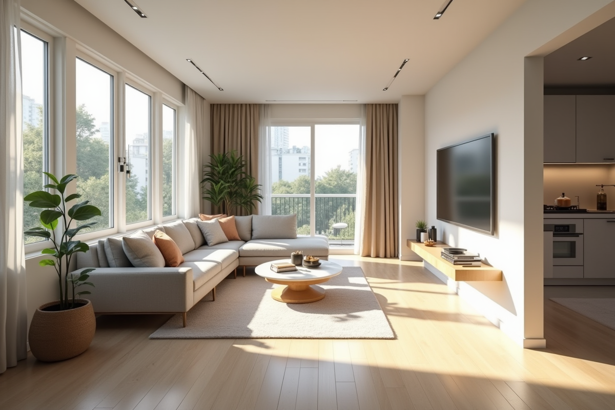 Intérieur d'un appartement T4 lumineux et moderne avec grand salon