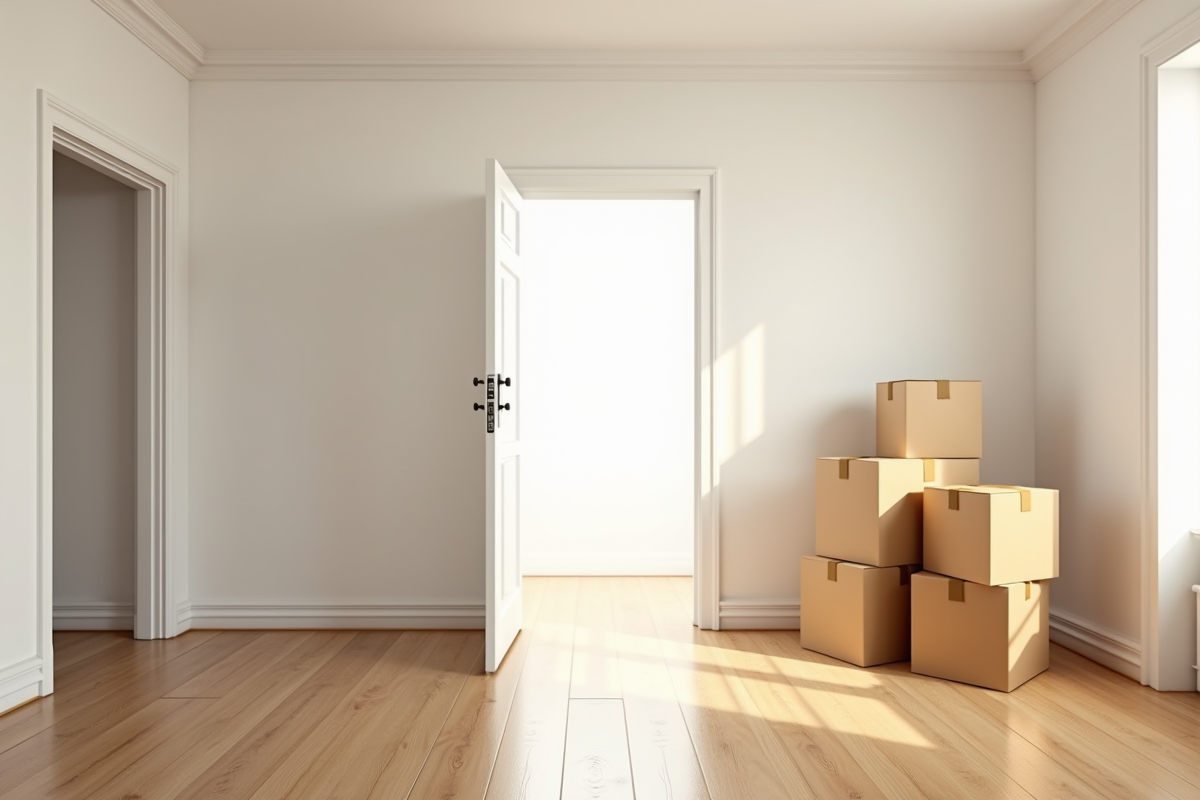 Appartement vide avec cartons près de la porte en lumière naturelle