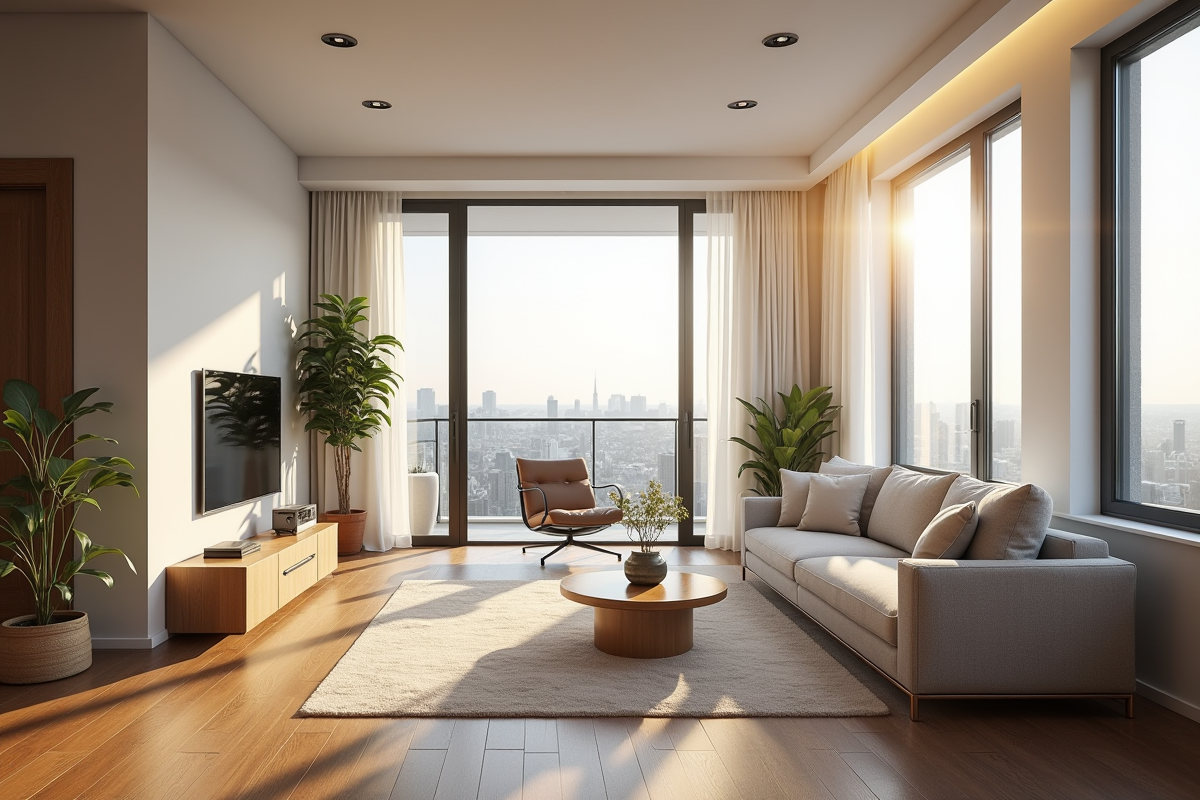 Intérieur d'un appartement moderne avec grandes fenêtres et balcon