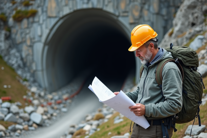 Architecte en extérieur étudie des plans face à un tunnel de montagne