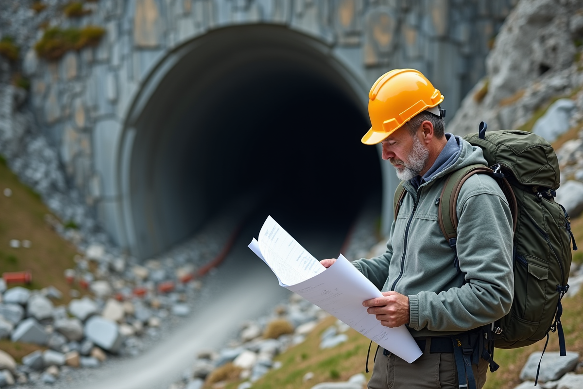Architecte en extérieur étudie des plans face à un tunnel de montagne