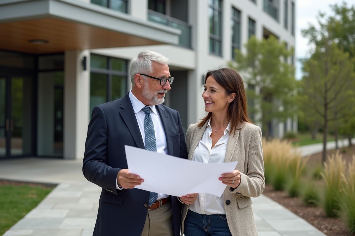 Homme d affaires et architecte examinant des plans devant le bâtiment