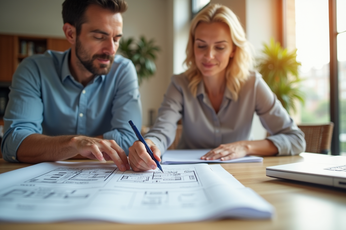 Architecte et propriétaire examinant des plans de maison dans une pièce lumineuse