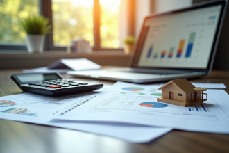 Bureau moderne avec documents et calculatrice pour investissement immobilier