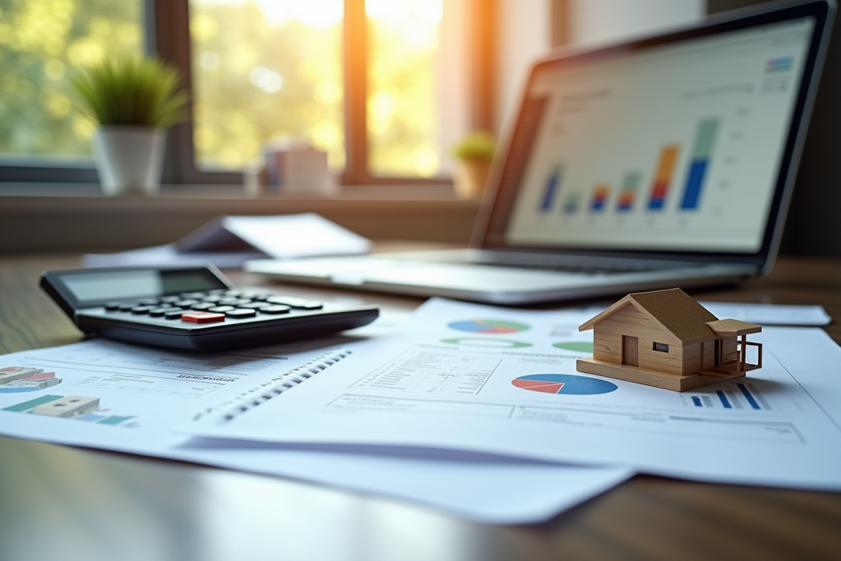 Bureau moderne avec documents et calculatrice pour investissement immobilier