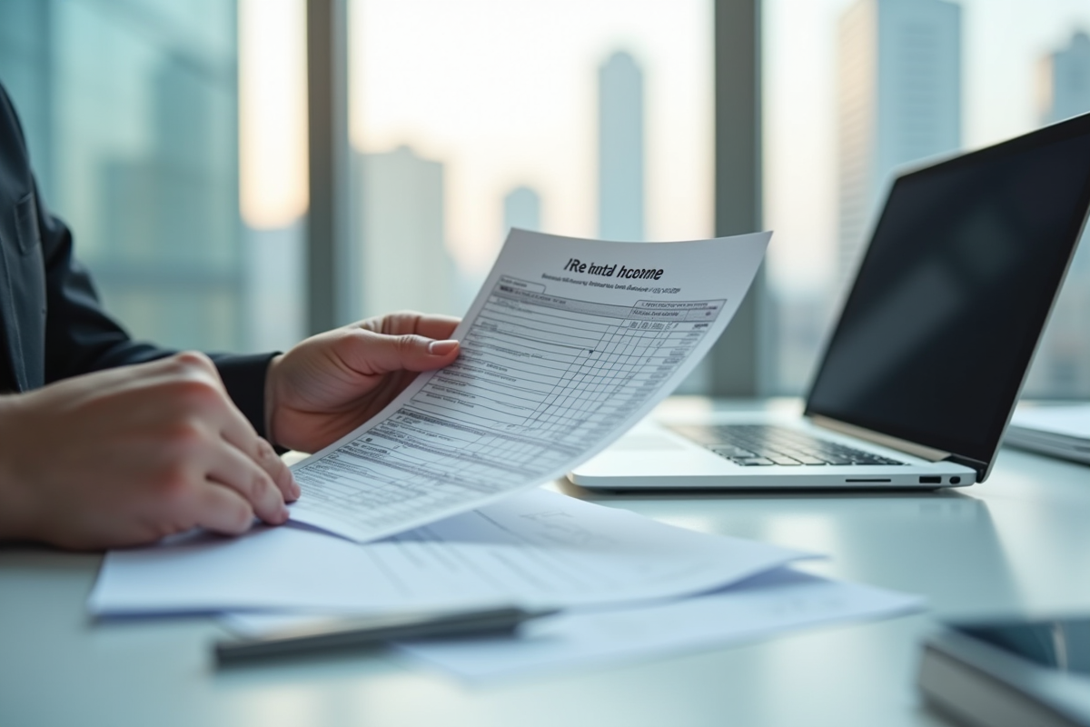 Main tenant un formulaire fiscal avec vue sur la ville en arrière-plan