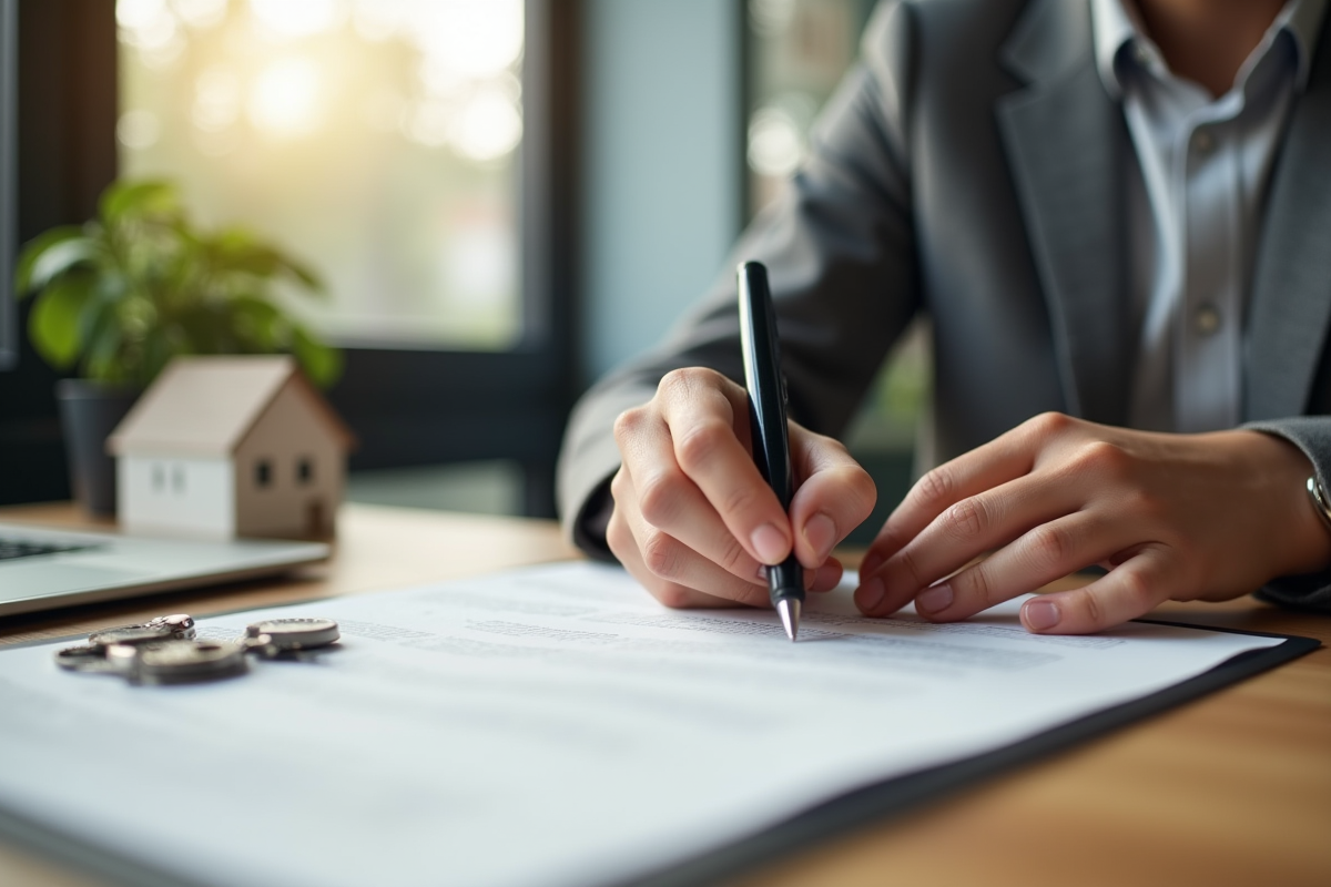 Signature d'un professionnel dans un bureau moderne pour un article immobilier