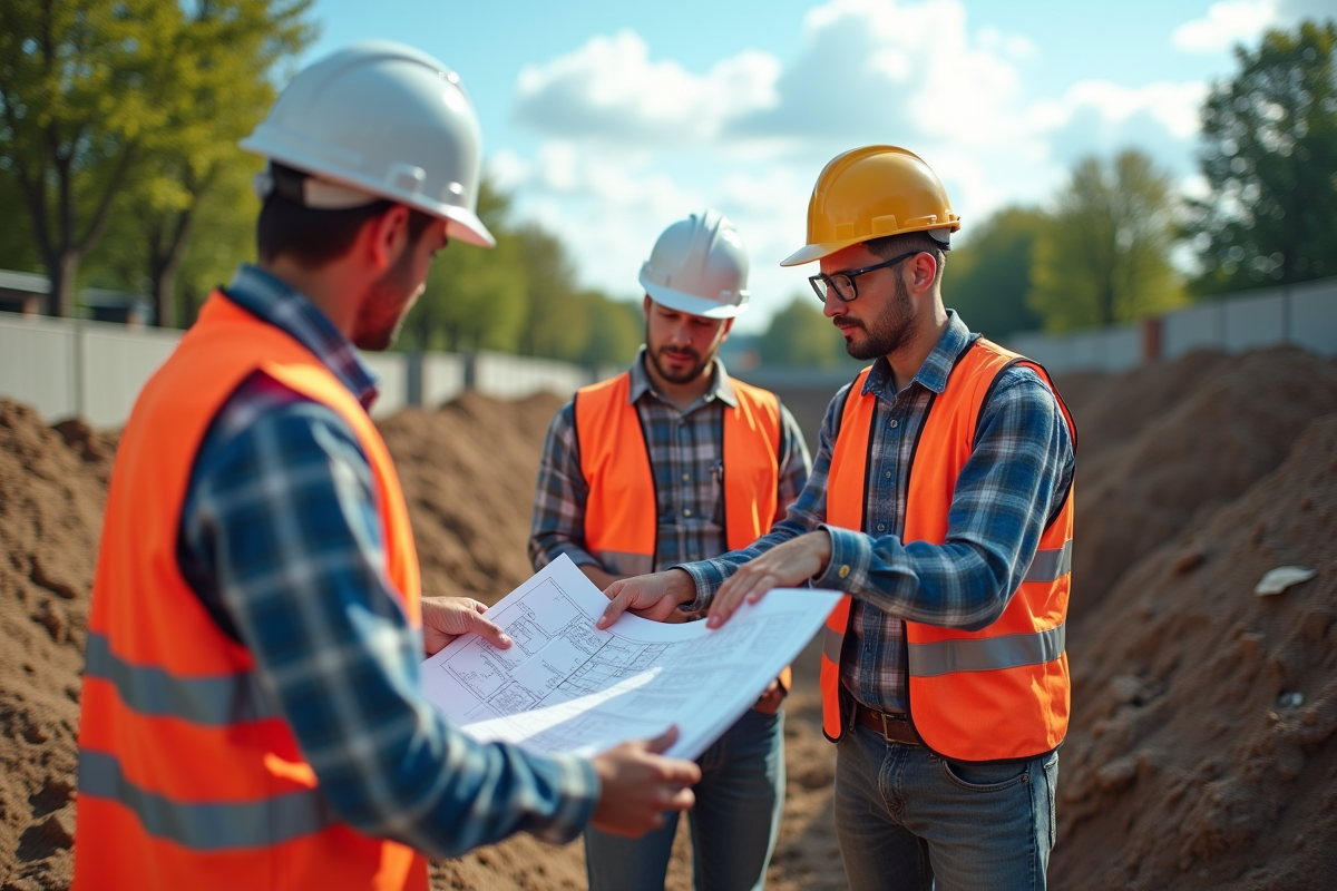 Chantier urbain avec ouvriers et fondations neuves