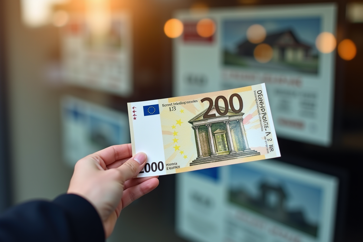 Gros plan sur un chèque de 20000 euros devant une vitrine immobiliere