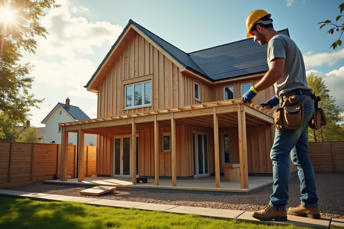 Ouvrier construisant une extension sur une maison moderne en plein air