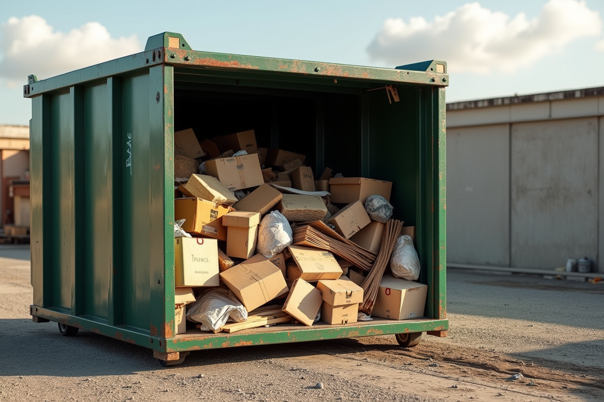 Conteneur de déchets de chantier rempli de matériaux autorisés