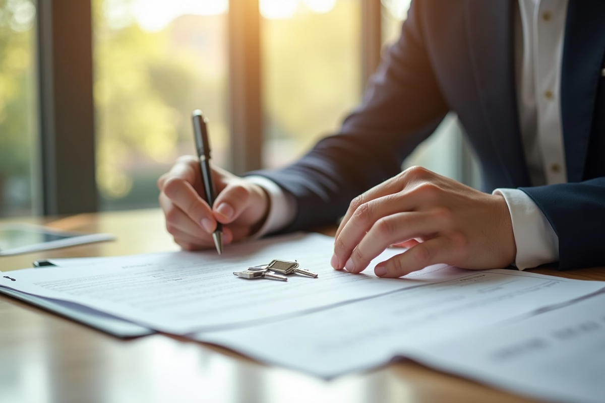Jeune professionnel examinant un contrat de location à une table lumineuse