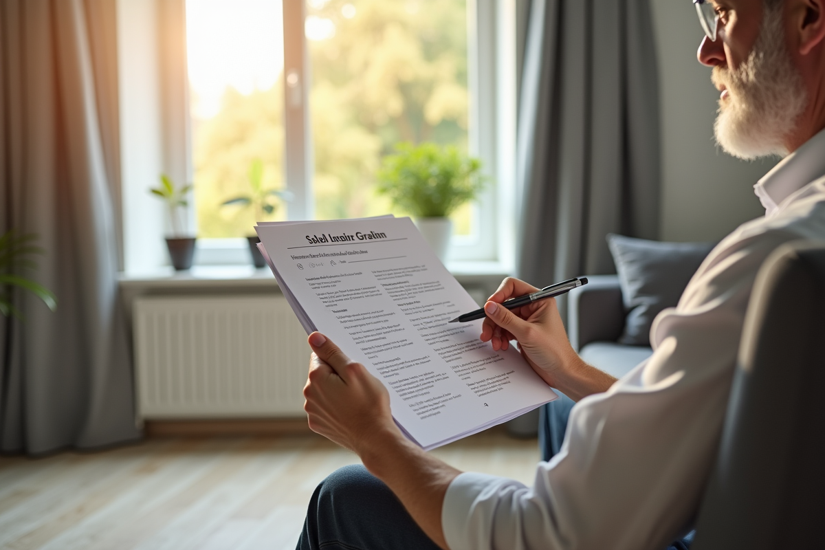 Propriétaire vérifiant une checklist de chauffage dans un salon ensoleille
