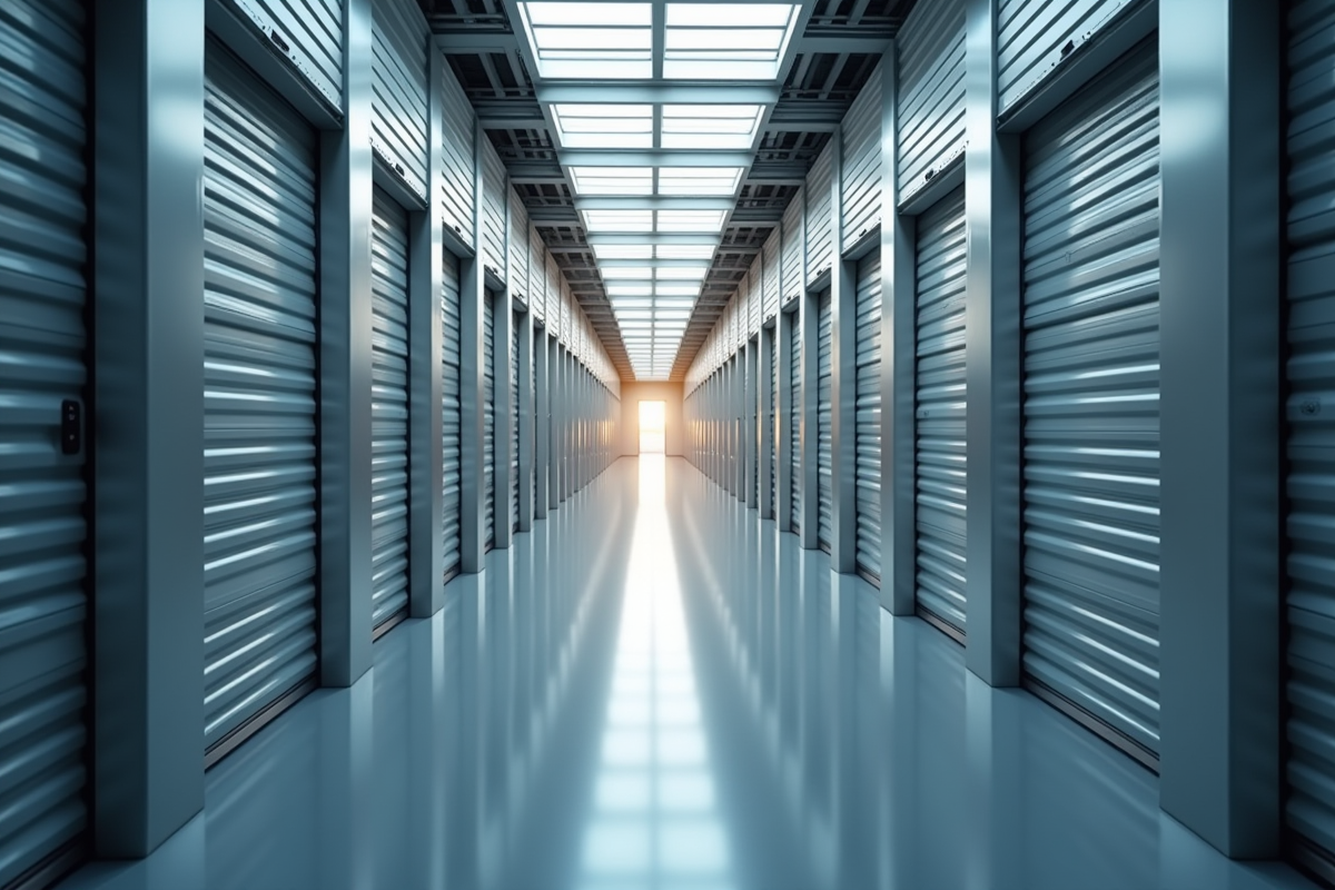 Couloir lumineux d'un selfstorage avec portes métalliques