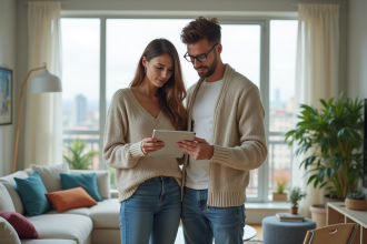 Jeune couple dans un appartement lumineux et moderne