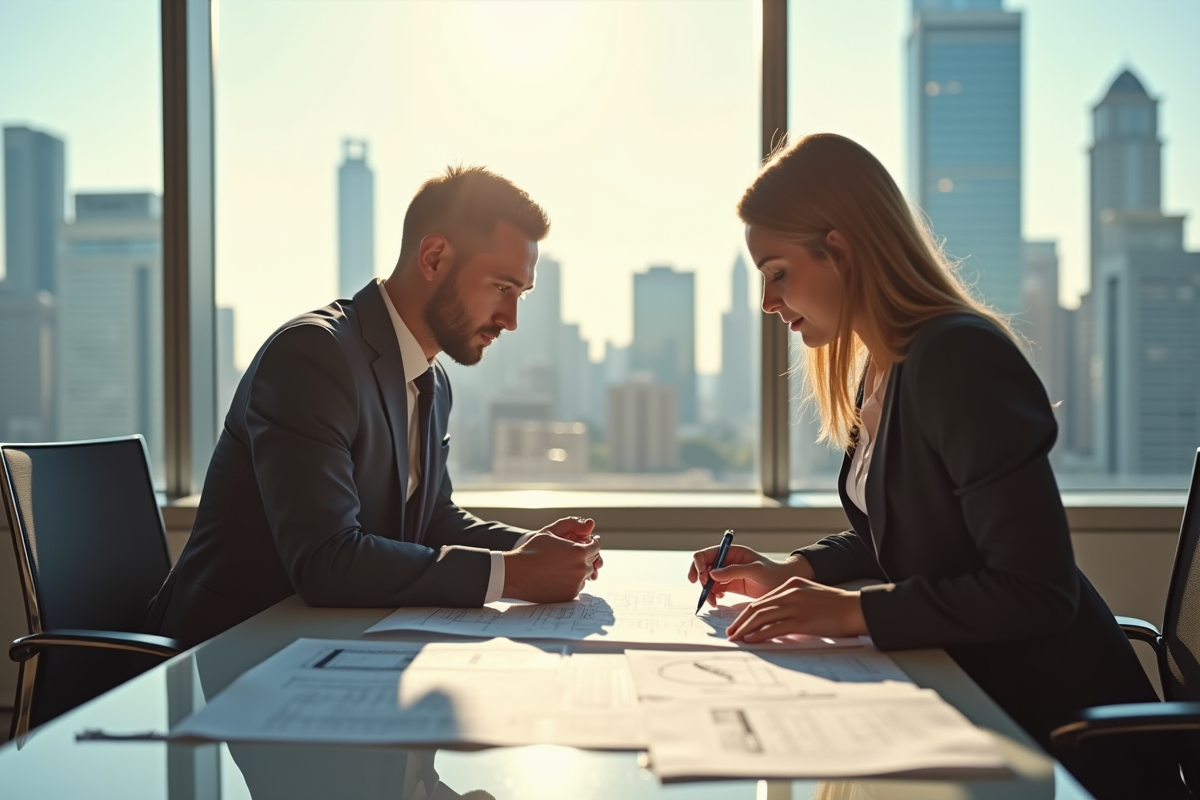 Couple professionnel examinant des plans architecturaux dans un bureau lumineux