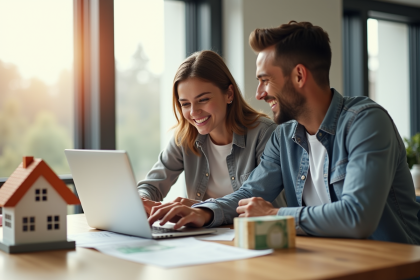 Jeune couple souriant avec documents et maison miniature