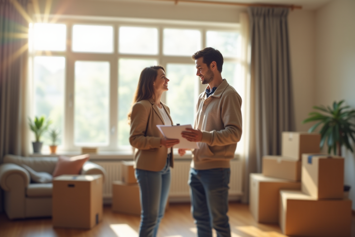 Couple dans un salon lumineux avec cartons et documents