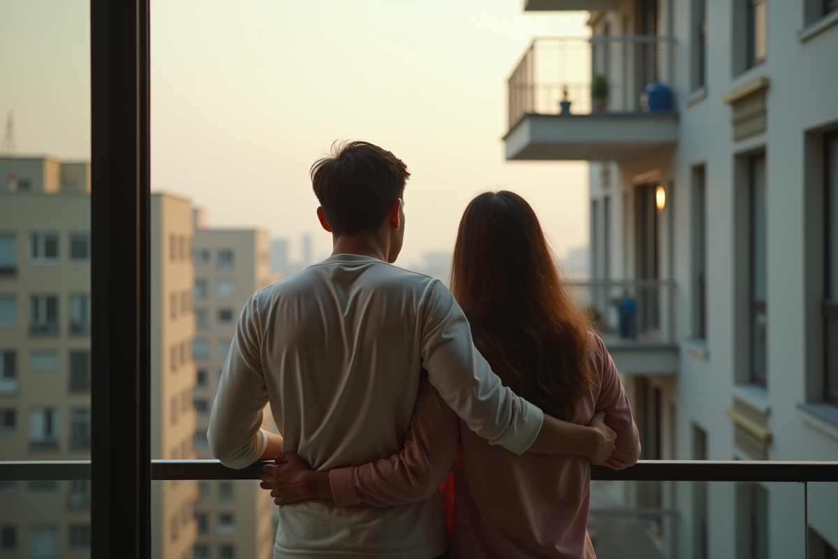 Couple inquiet sur le balcon d'un appartement moderne