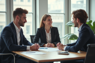 Jeune couple confiant avec conseiller dans un bureau lumineux