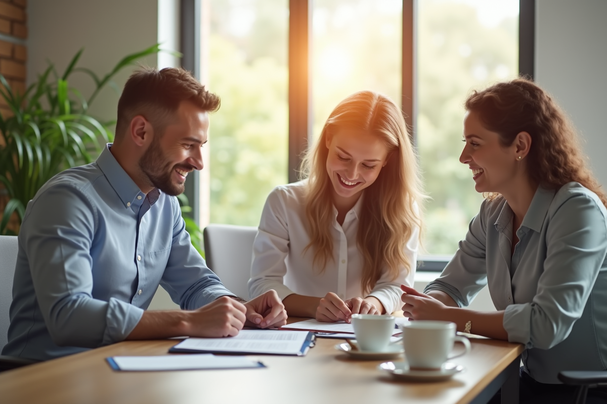 Couple souriant avec conseiller financier en bureau