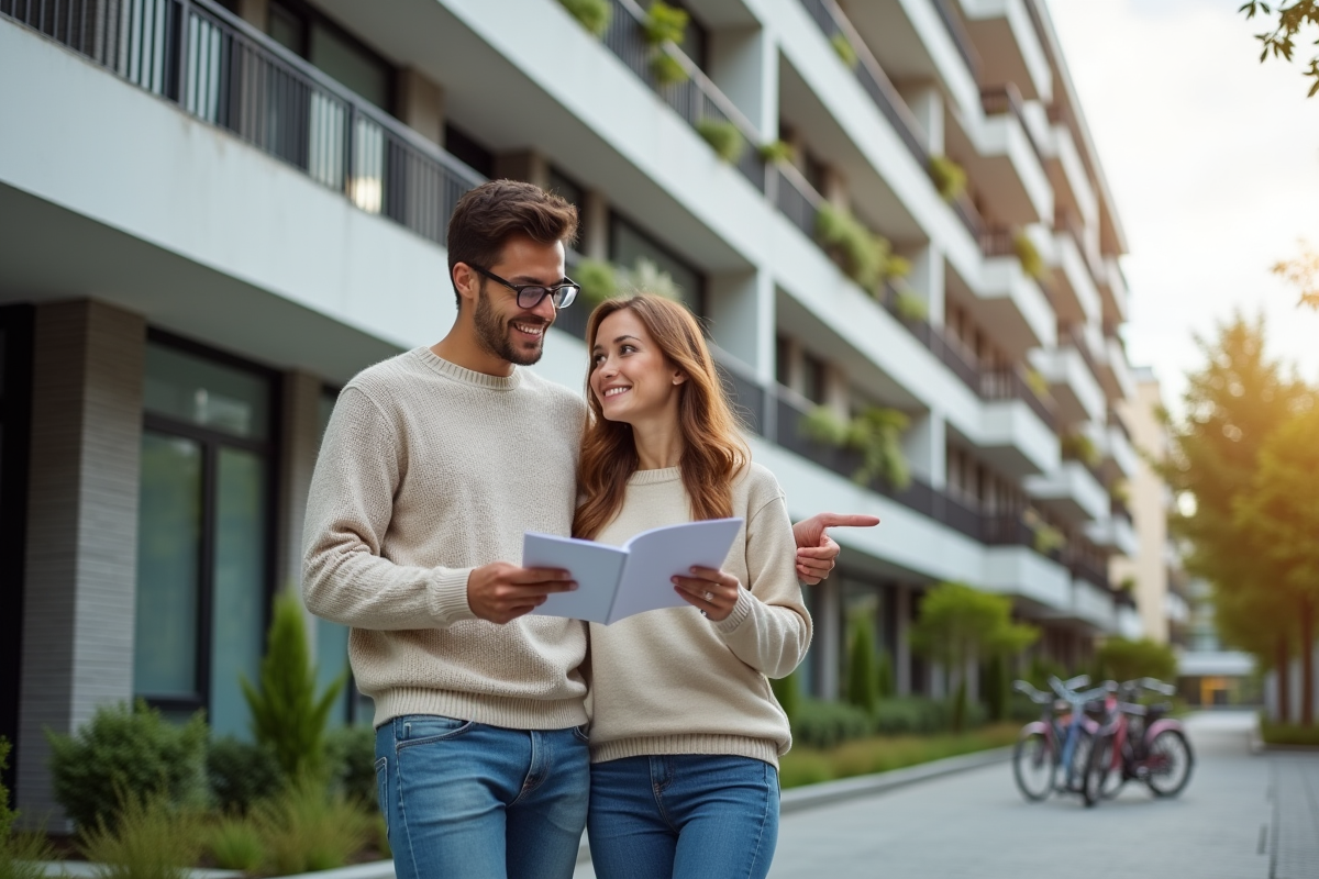 Jeune couple devant un immeuble en discutant de l immobilier