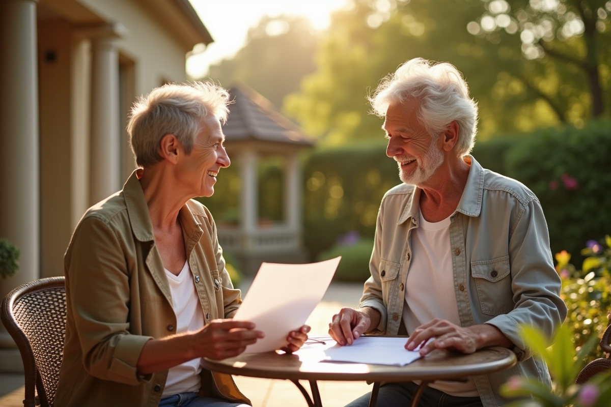 Couple mature discutant de documents en terrasse ensoleillee