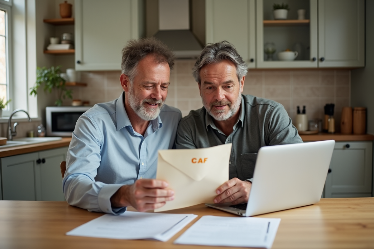 Couple discutant de documents avec un ordinateur à la cuisine