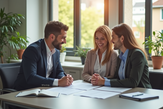 Couple souriant examinant un contrat immobilier dans un bureau lumineux