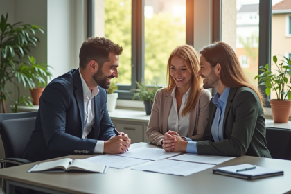 Couple souriant examinant un contrat immobilier dans un bureau lumineux