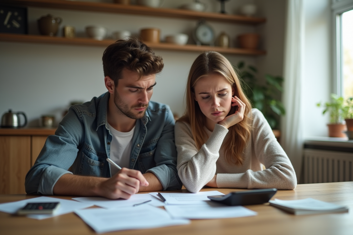 Jeune couple inquiet à la cuisine pour leurs finances