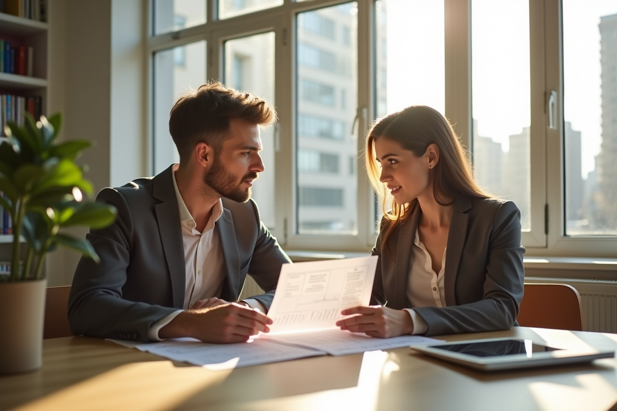 Jeune couple professionnel examinant documents d'investissement immobilier