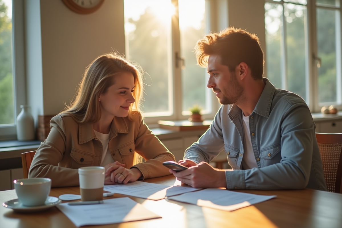 Jeune couple à la cuisine examinant des documents avec ordinateur