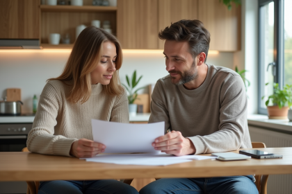 Couple de milieu d'âge examinant des documents de prêt immobilier