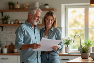 Couple dans leur cuisine rénovée et moderne