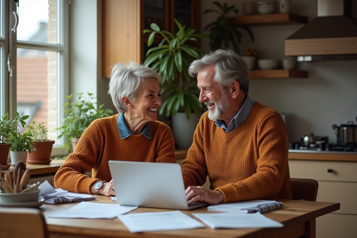 Couple souriant en cuisine automnale avec papiers et ordinateur
