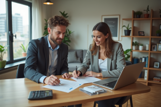 Couple d'adultes travaillant à domicile avec documents et ordinateur