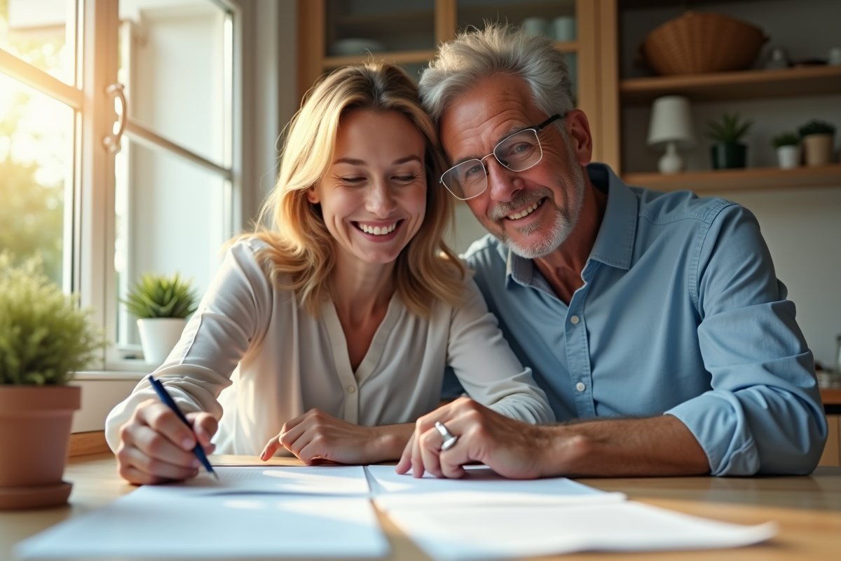 Couple souriant examinant des documents dans la cuisine