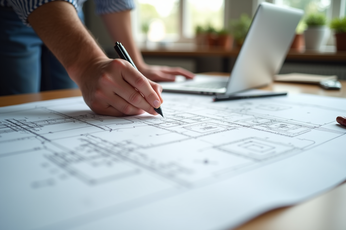 Main d'architecte dessinant un plan de bâtiment avec un stylo noir