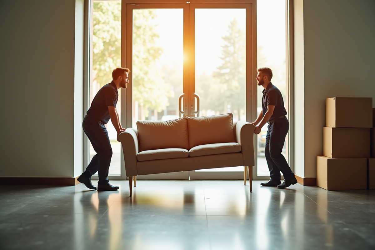 Deux déménageurs professionnels transportent un canapé dans un bureau moderne
