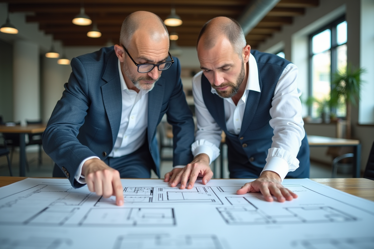 Client et architecte discutant des plans sur une table moderne