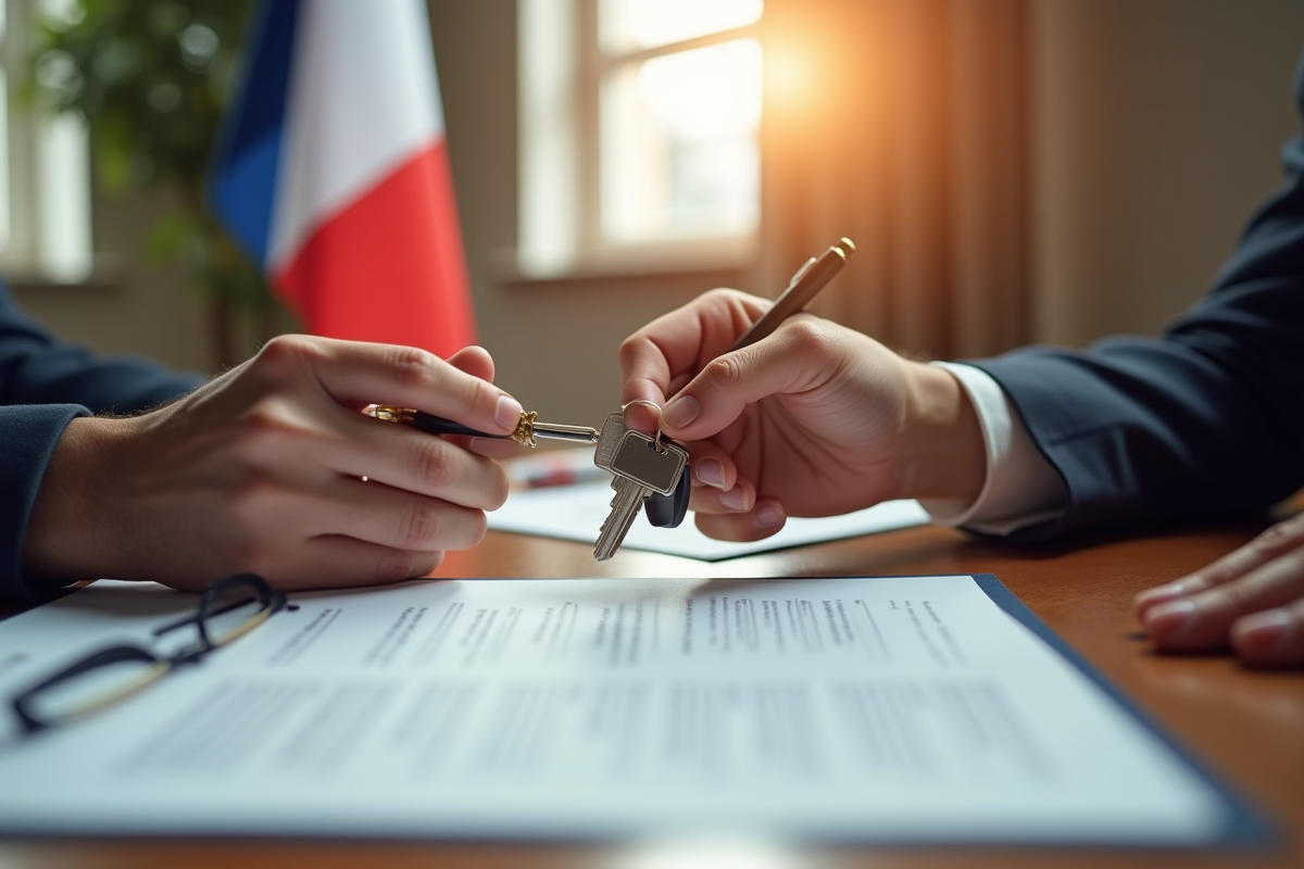 Main échangeant des clés et papiers avec drapeau français en arrière-plan