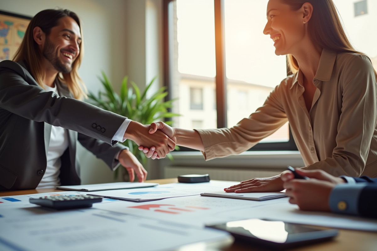 Signature de contrat immobilier entre clients heureux