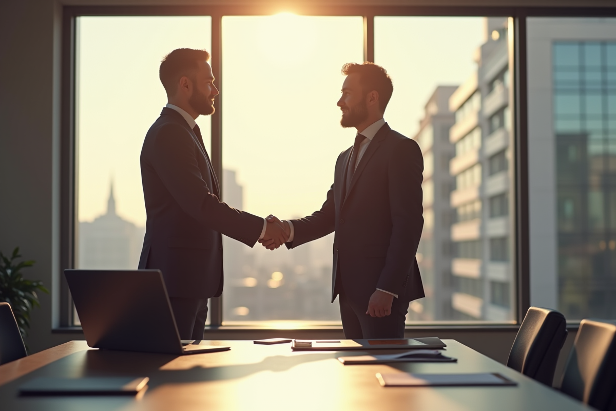Professionnel serrant la main d'un conseiller financier dans un bureau lumineux